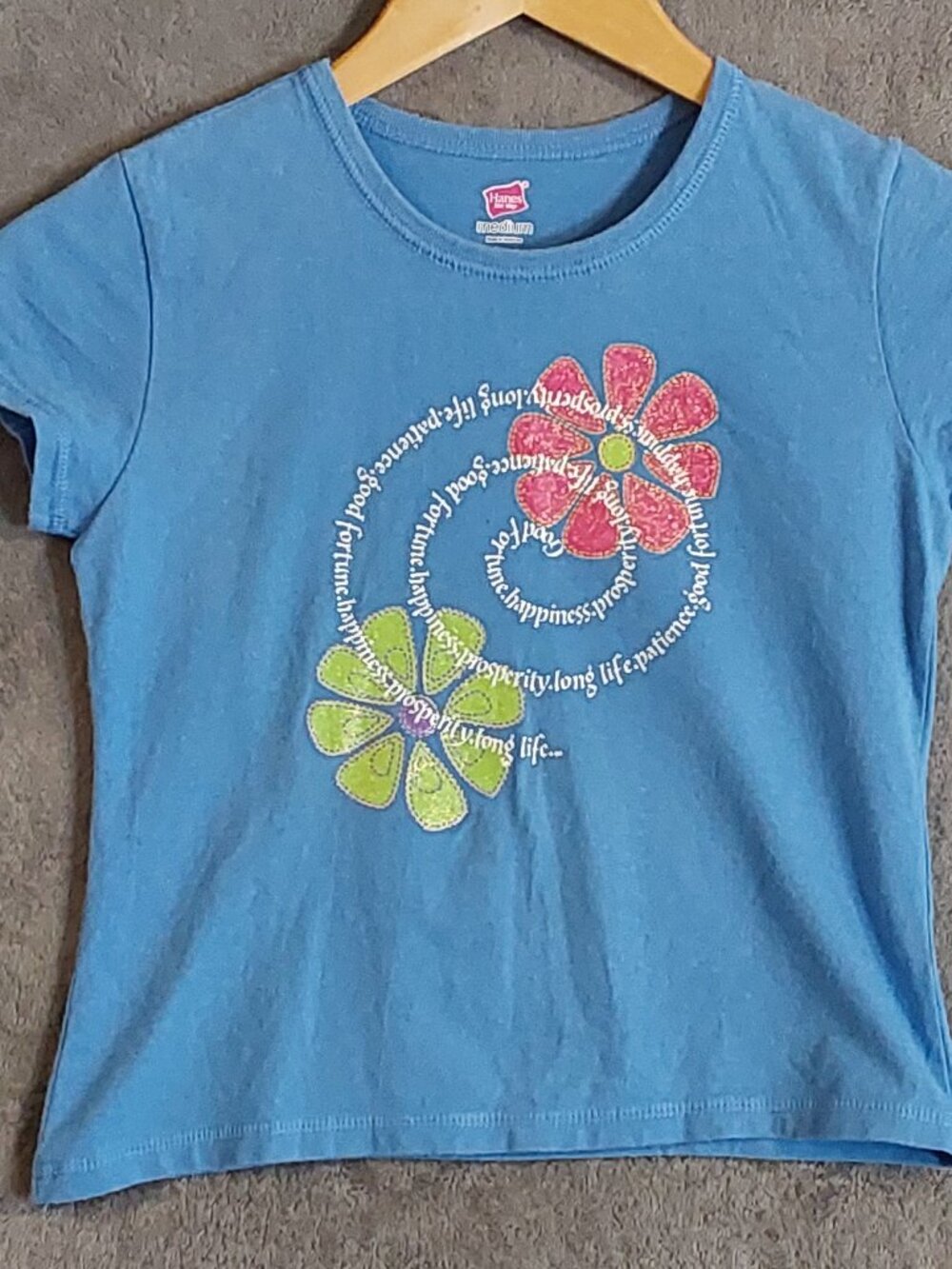 Blue Graphic Flower Tee Medium 10/12 Vintage Y2K Inspirational Shirt